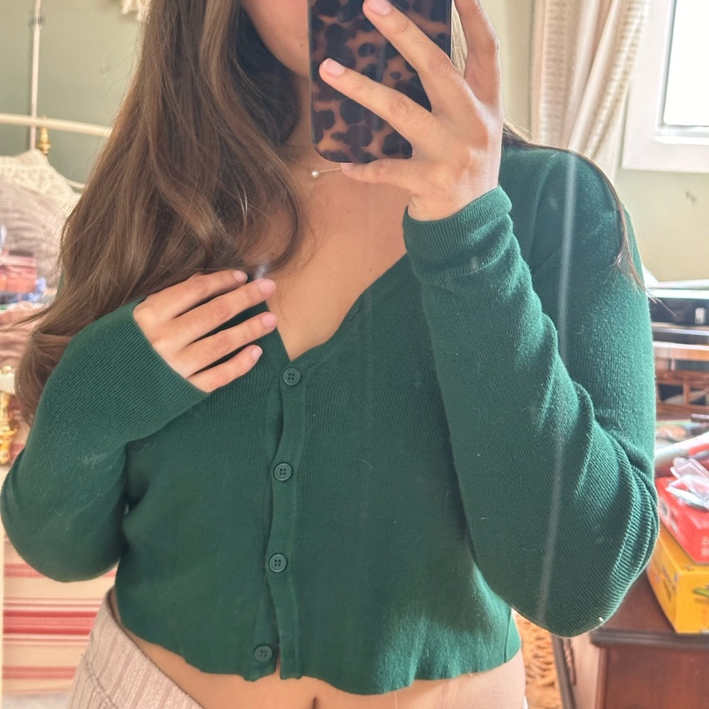 Brandy Melville Green Cropped Cardigan (OS)